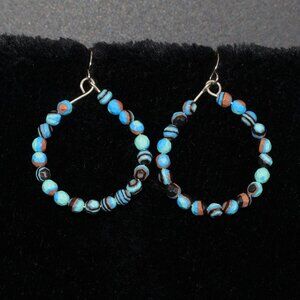 Turquoise blue green multicolor swirl marble round hoop earrings